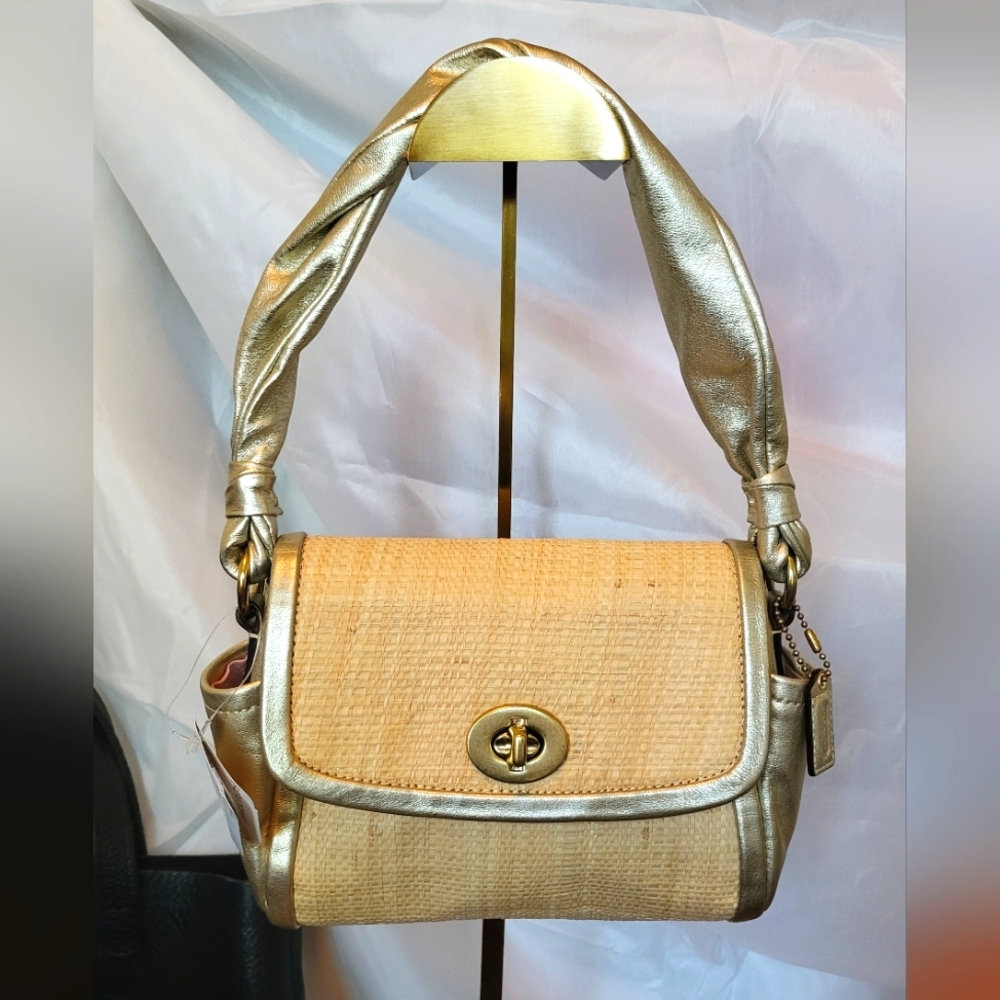 Coach MINI Parker Straw Bag With Top Handle And Turnlock Gold